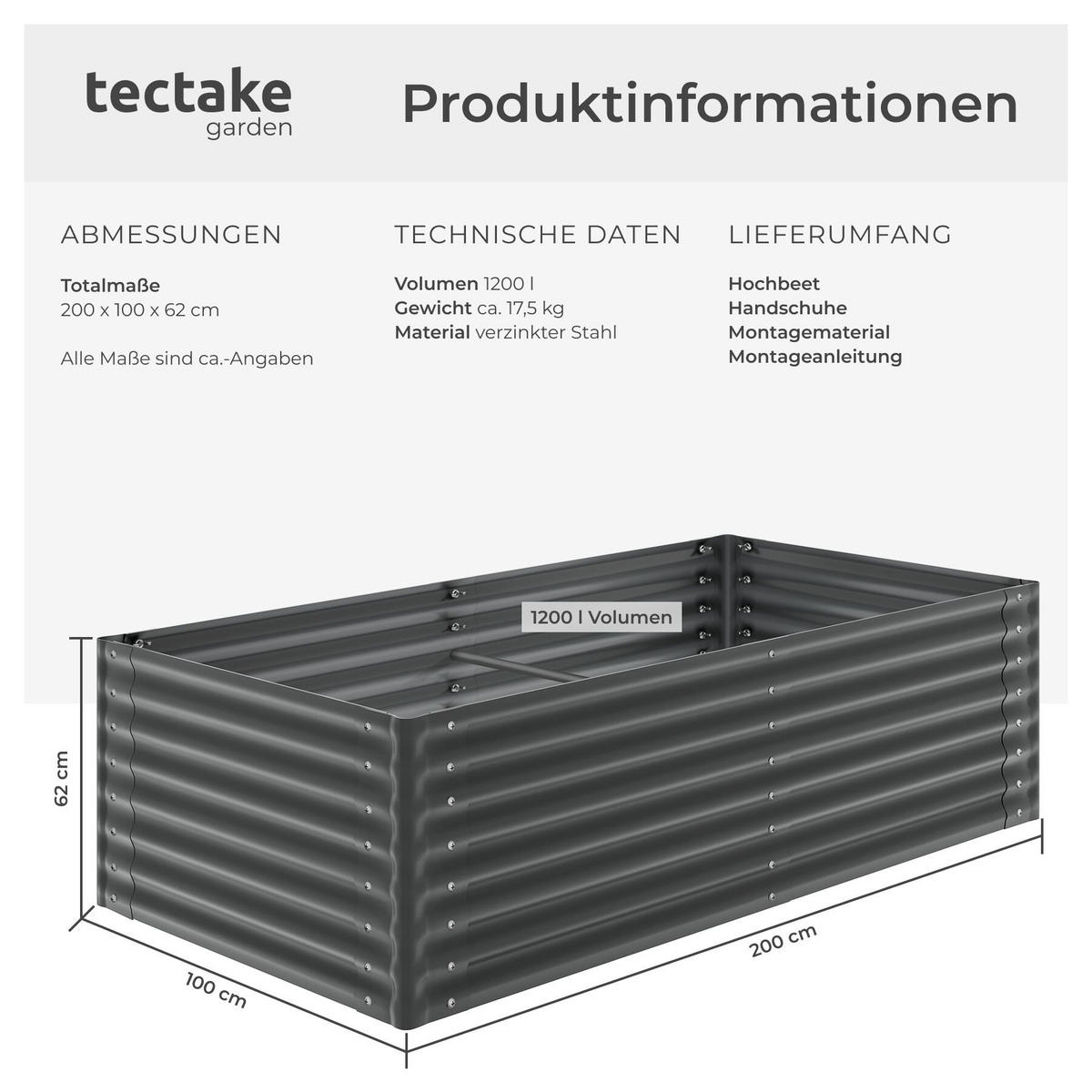 HOCHBEET Blomma, mit offenem Boden und abgerundeten Kanten, anthrazit - Anthrazit, Metall (100/62/200cm) - tectake