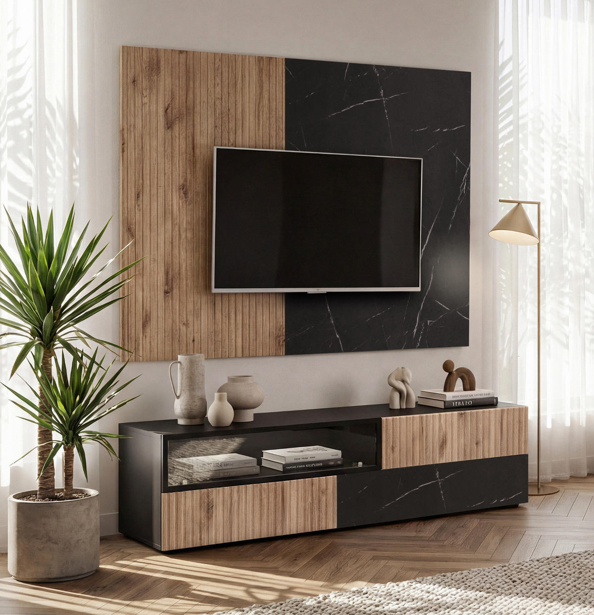TV-LOWBOARD Eiche, Marmor schwarz 160 cm, TV Unterschrank Set mit Wandpaneel und Push-to-Open - Eichefarben/Schwarz, Holzwerkstoff/Kunststoff (160/180/45cm) - Inn.Furn