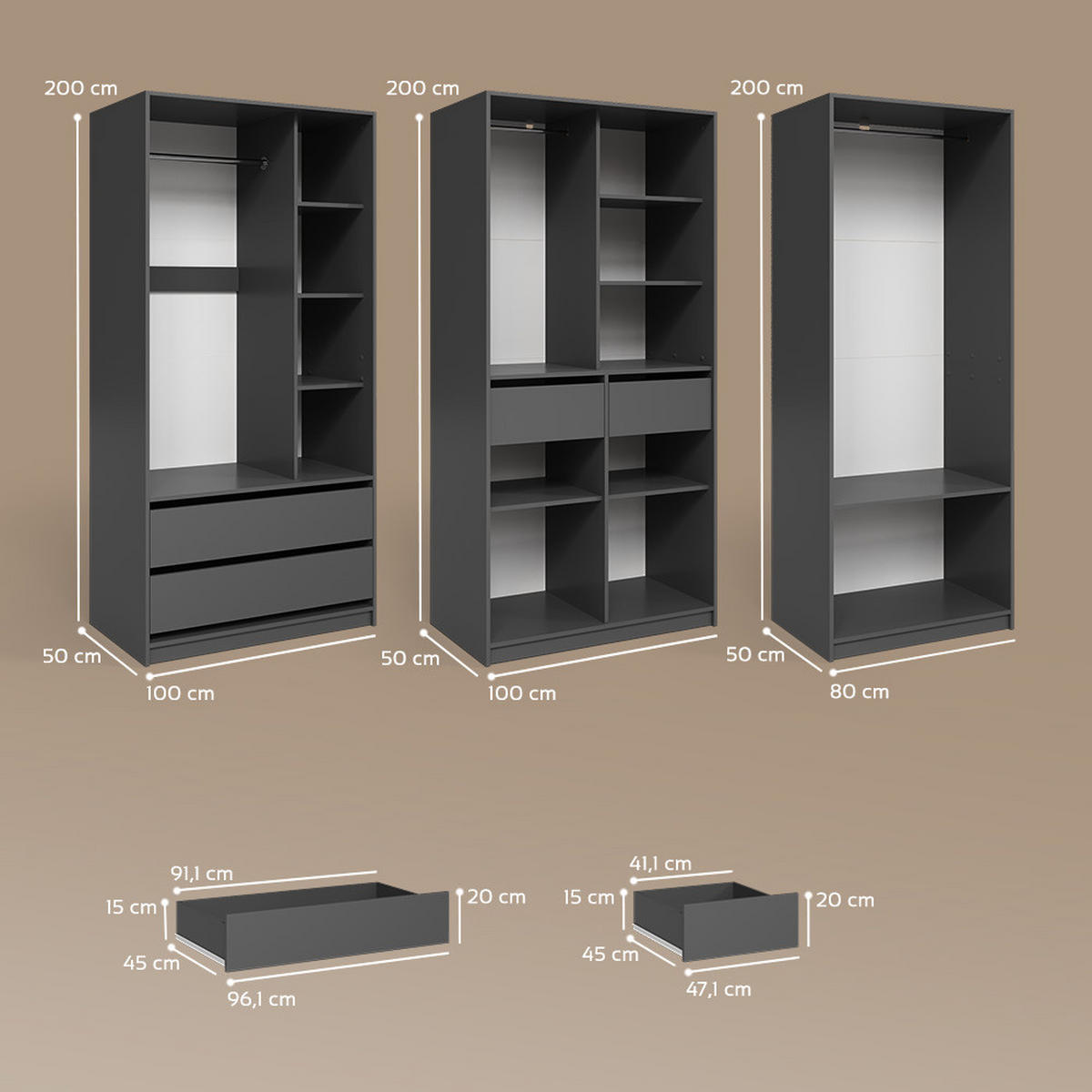 GARDEROBA Trento Antracit Komplet 3 kosov - antracit, leseni material (100/200/50cm) - Livinity®