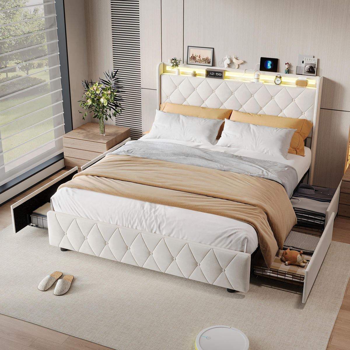 POLSTERBETT 140x200 cm, 4 Schubladen mit Rollen, RGB LED, USB-/Typ-C-Anschlüsse, Samtstoff, Beige - Beige, Holz (140/200cm) - BRILVERDE
