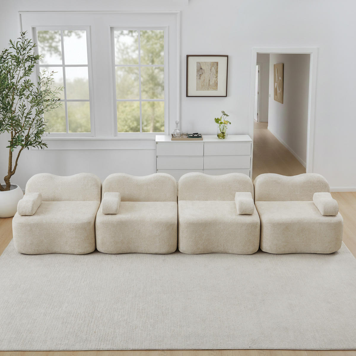 SOFA 384/98/70 cm in Beige aus Samt mit Wellenform - Beige, Textil (98/70/384cm) - Flora Grace