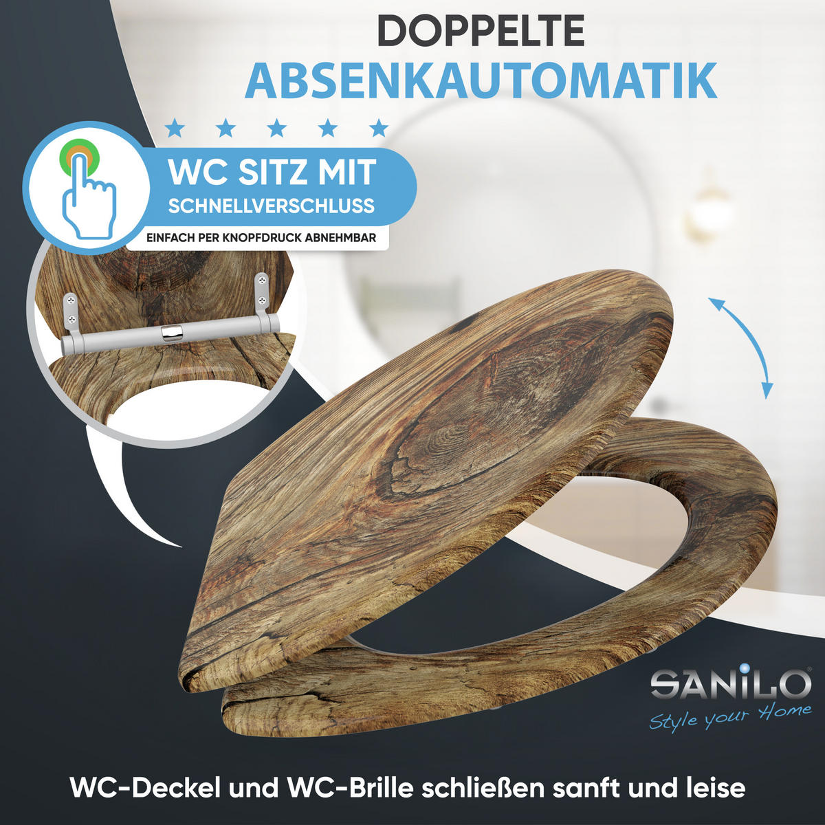 WC-SITZ mit Absenkautomatik & Top Fix Rustikal - Braun, Holzwerkstoff (37.7/5.5/48cm) - Sanilo