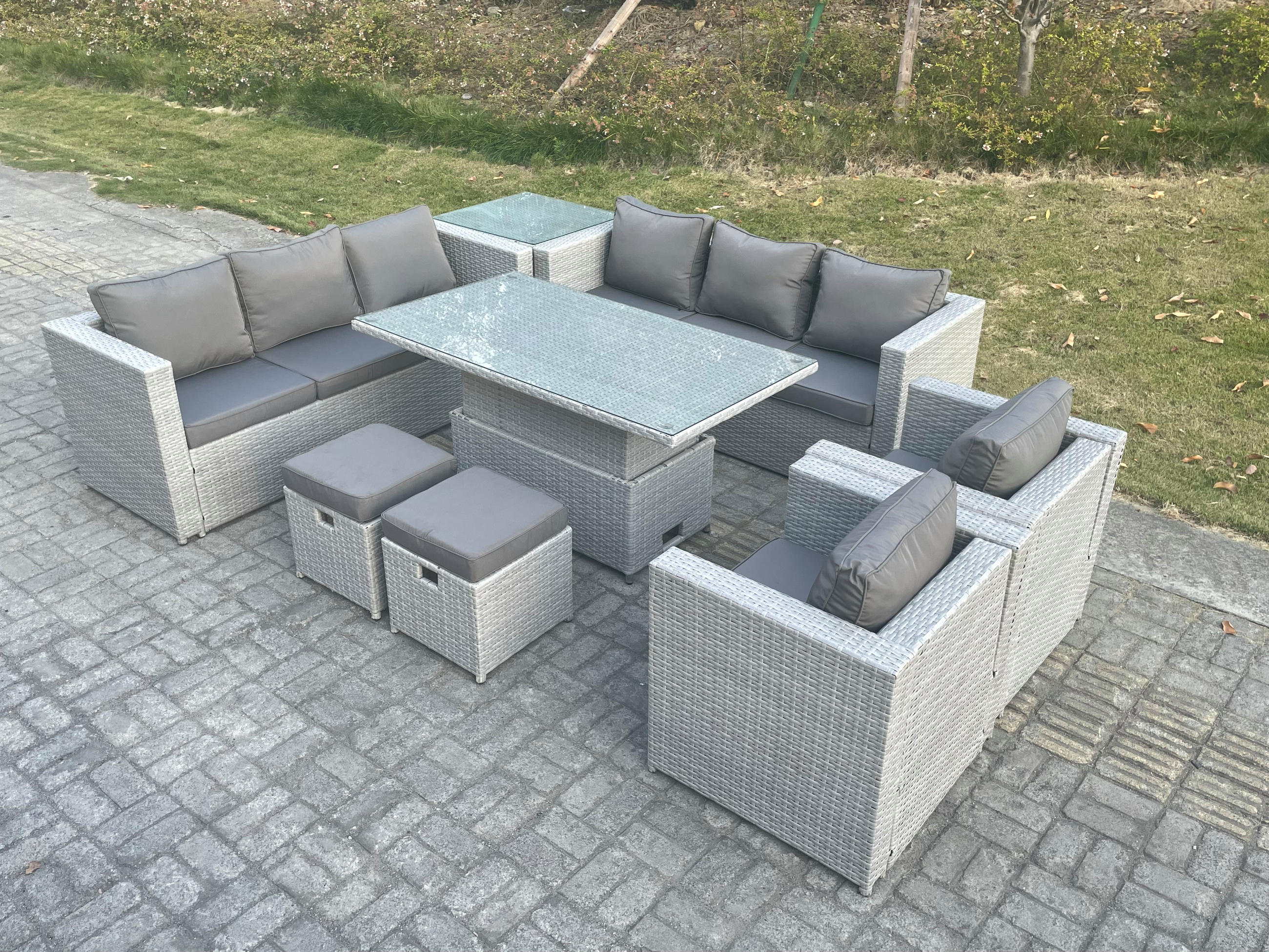 GARTENMÖBEL SET Polyrattan Helles Grau 10-Sitzer - Hellgrau, Metall - Fimous