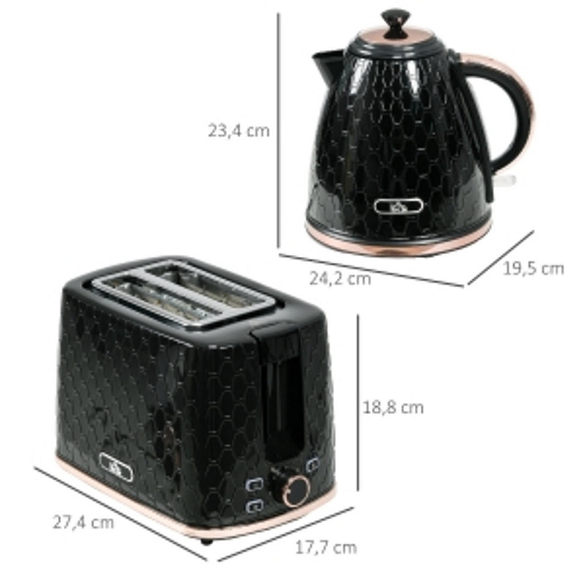 WASSERKOCHER-TOASTER SET, 1,7 L, 7 Bräunungsstufen, Schwarz - Schwarz, Kunststoff (19.5/23.4/24.2cm) - Rolipo