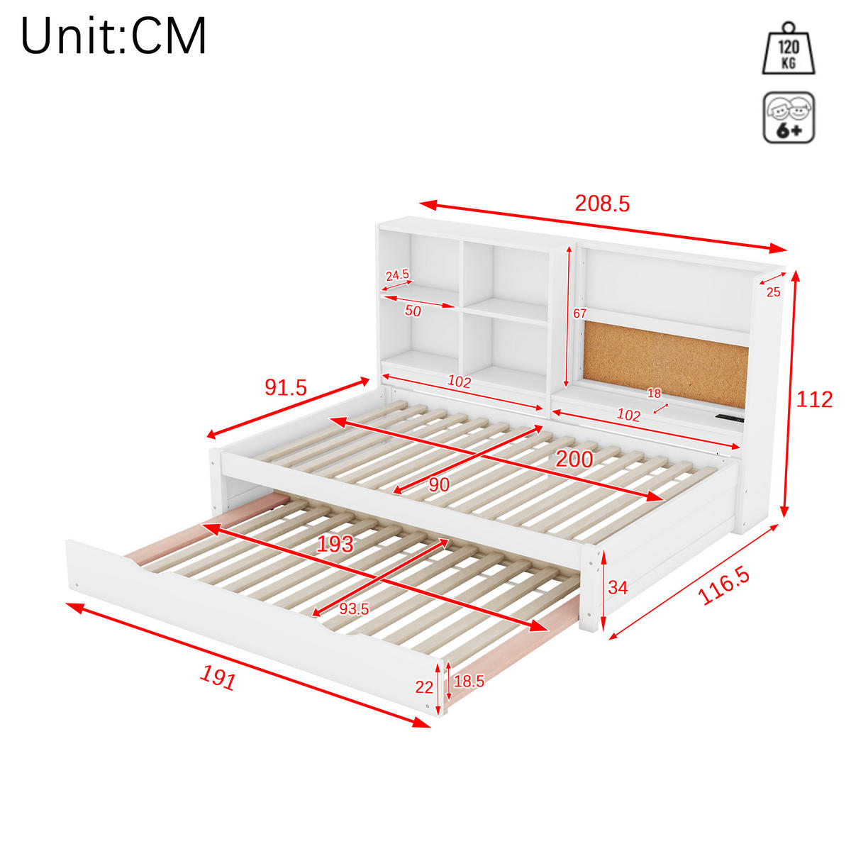 SCHLAFSOFA 90x200cm Weiß mit Ausziehbett USB Zeichenbrett - Weiß, Holz (90/200cm) - FLIEKS