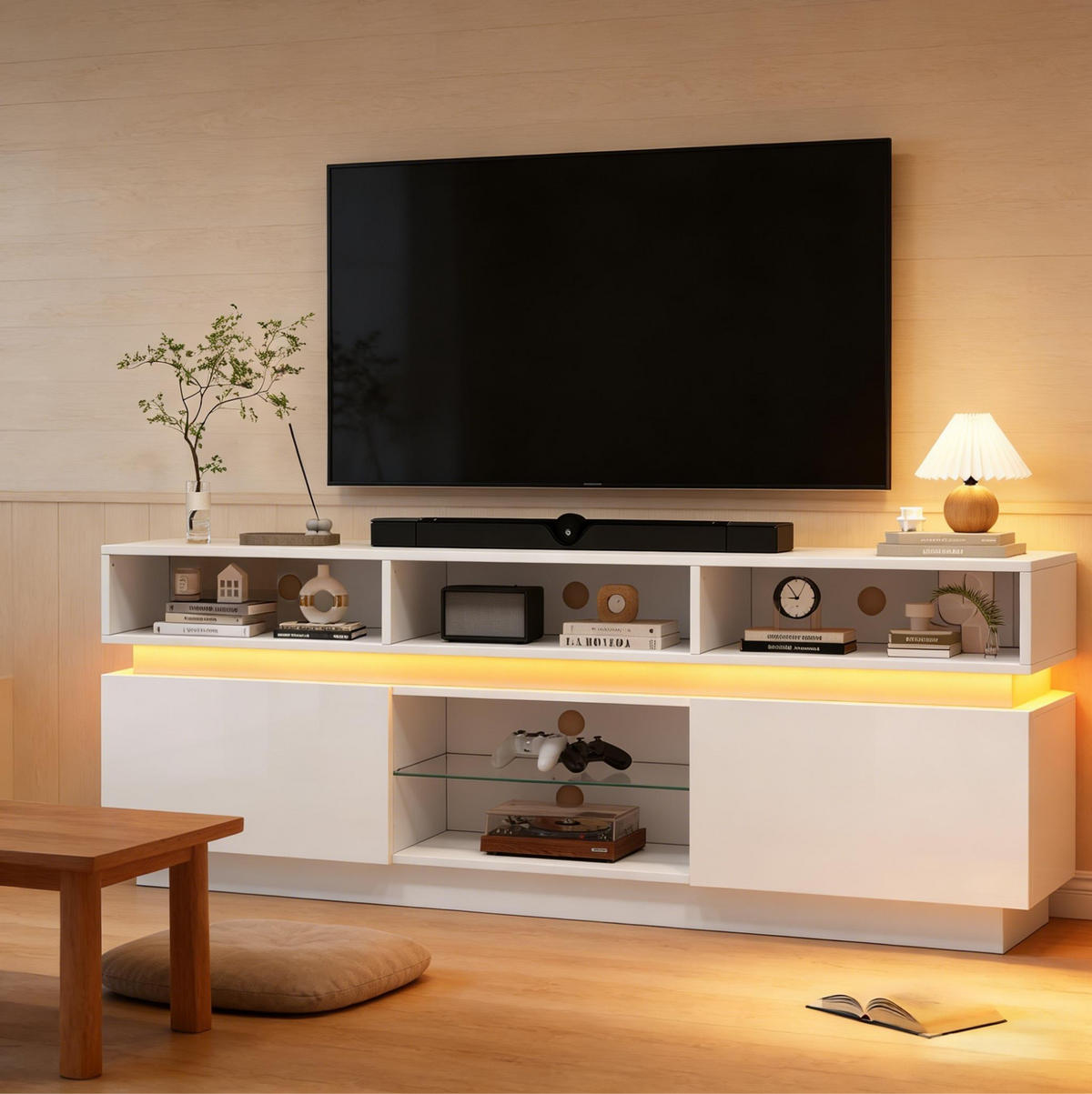 TV-ELEMENT mit 10 Fächern 160 x 35 x 60 cm MDF Weiß mit LED - Weiß, Holzwerkstoff (35/60/160cm) - Beauniv