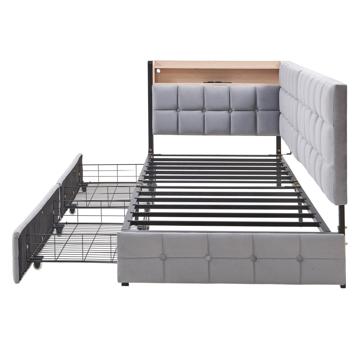 POLSTERBETT 90/200 cm grau mit 2 Schubladen und LED-Nachttischlampe - Grau, Textil (90/200cm) - OKWISH