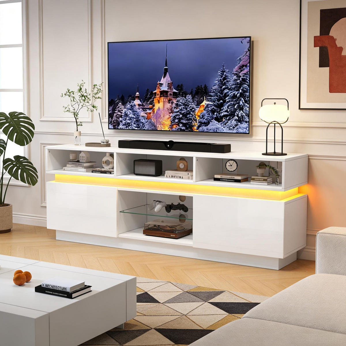 TV-ELEMENT mit 10 Fächern 160 x 35 x 60 cm MDF Weiß mit LED - Weiß, Holzwerkstoff (35/60/160cm) - Beauniv