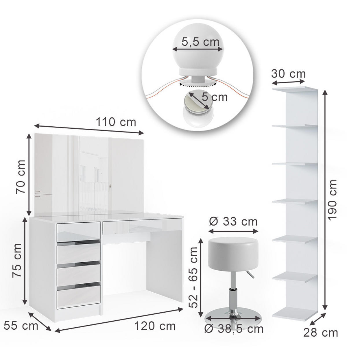 SCHMINKTISCH Sherry Weiß 4 Teile mit Aufbewahrungsregal Spiegel Hocker LED - Weiß, Holzwerkstoff (55/75/120cm) - Vicco