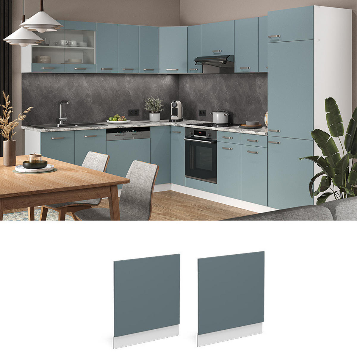 FRONTBLENDE R-Line Blau-Grau 60 cm, AP Marmor - Blaugrau/Weiß, Holzwerkstoff (60/57.2/1.6cm) - Vicco