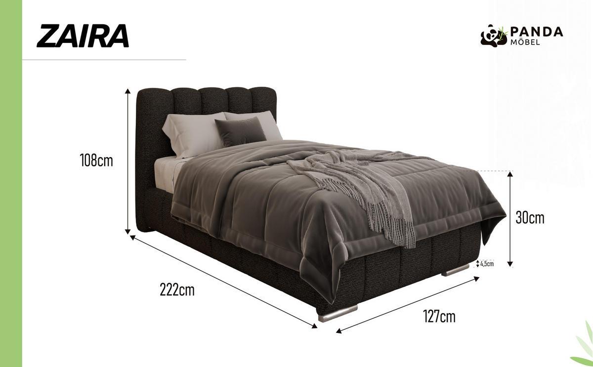 POLSTERBETT Zaira 100x200cm – Elegantes Polsterbett für modernen Wohnstil , Taschenfederkernmatratze Pocket KOKOS (20cm), schwarz - Schwarz, Holz (100/200cm) - Panda Möbel
