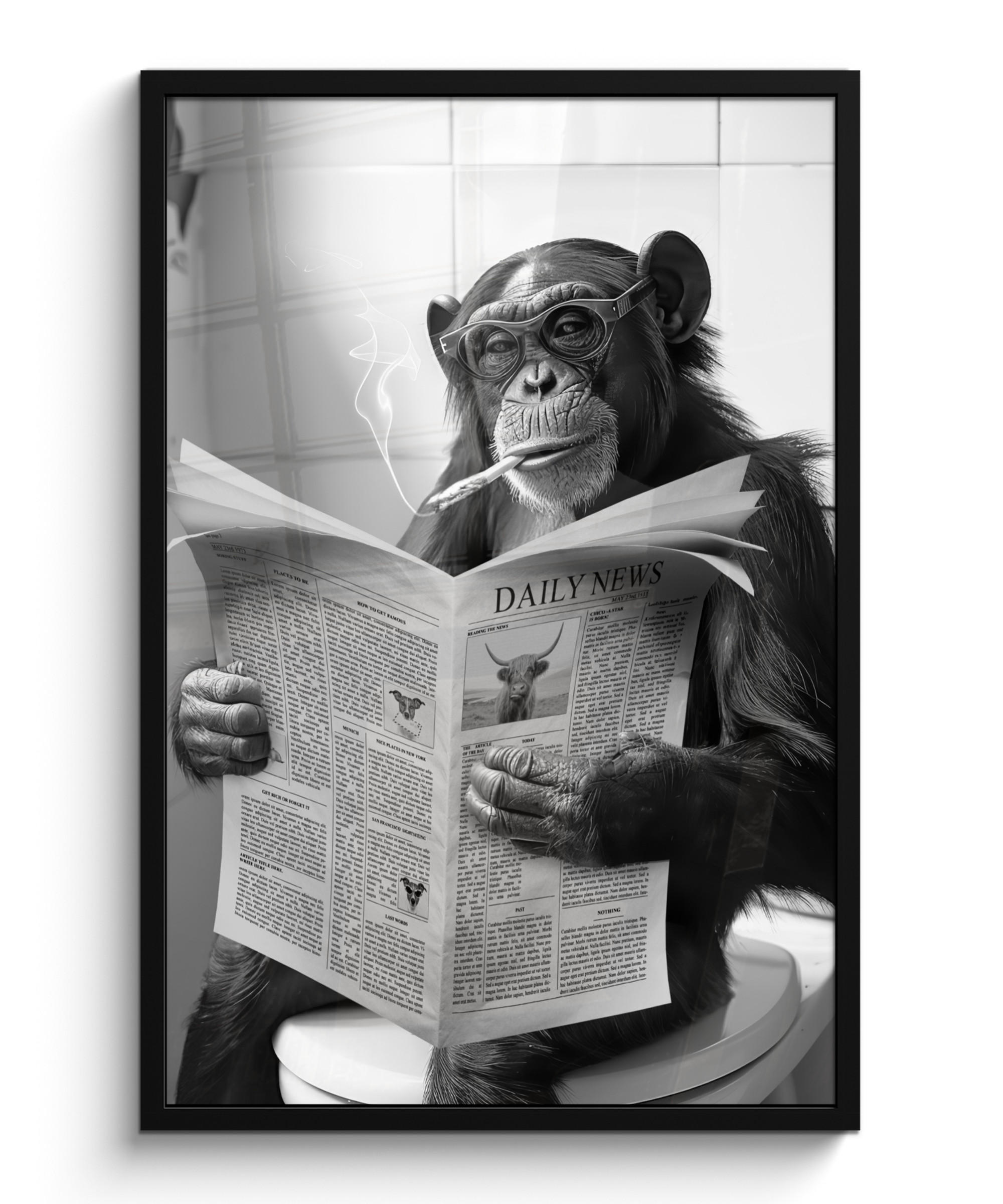 POSTER MIT RAHMEN Affe - WC - Zeitung - Schwarz-Weiß - Humor 60x90 cm - Hellgrau, Papier (60/90cm) - MuchoWow