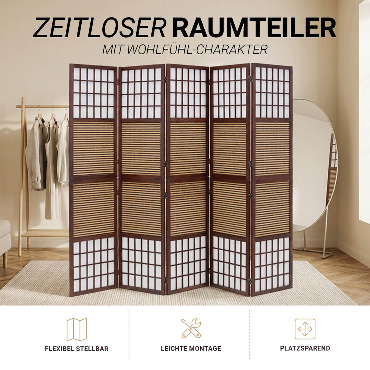 PARAVENT 5-tlg. 220/175 cm Braun Bambuslamellen - Braun, Holz (220/175/2cm) - Homestyle4u