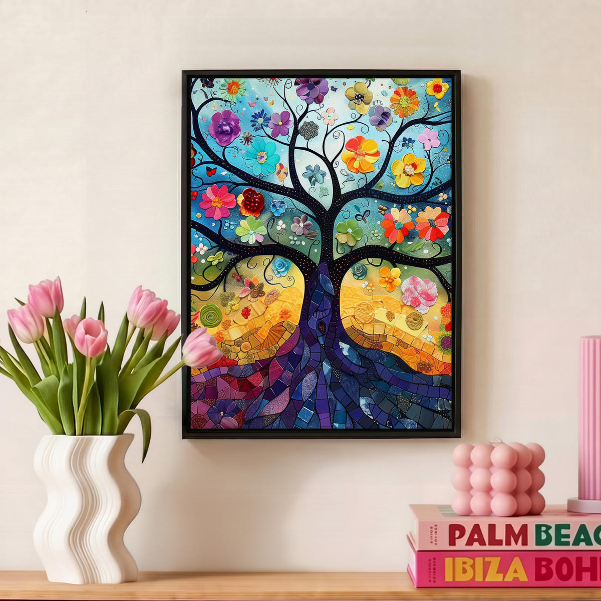 LEINWAND Bilder mit Rahmen - Kunst - Baum des Lebens - Blumen - Hippie - 30x40 - Dunkelblau, Textil (30/40cm) - MuchoWow