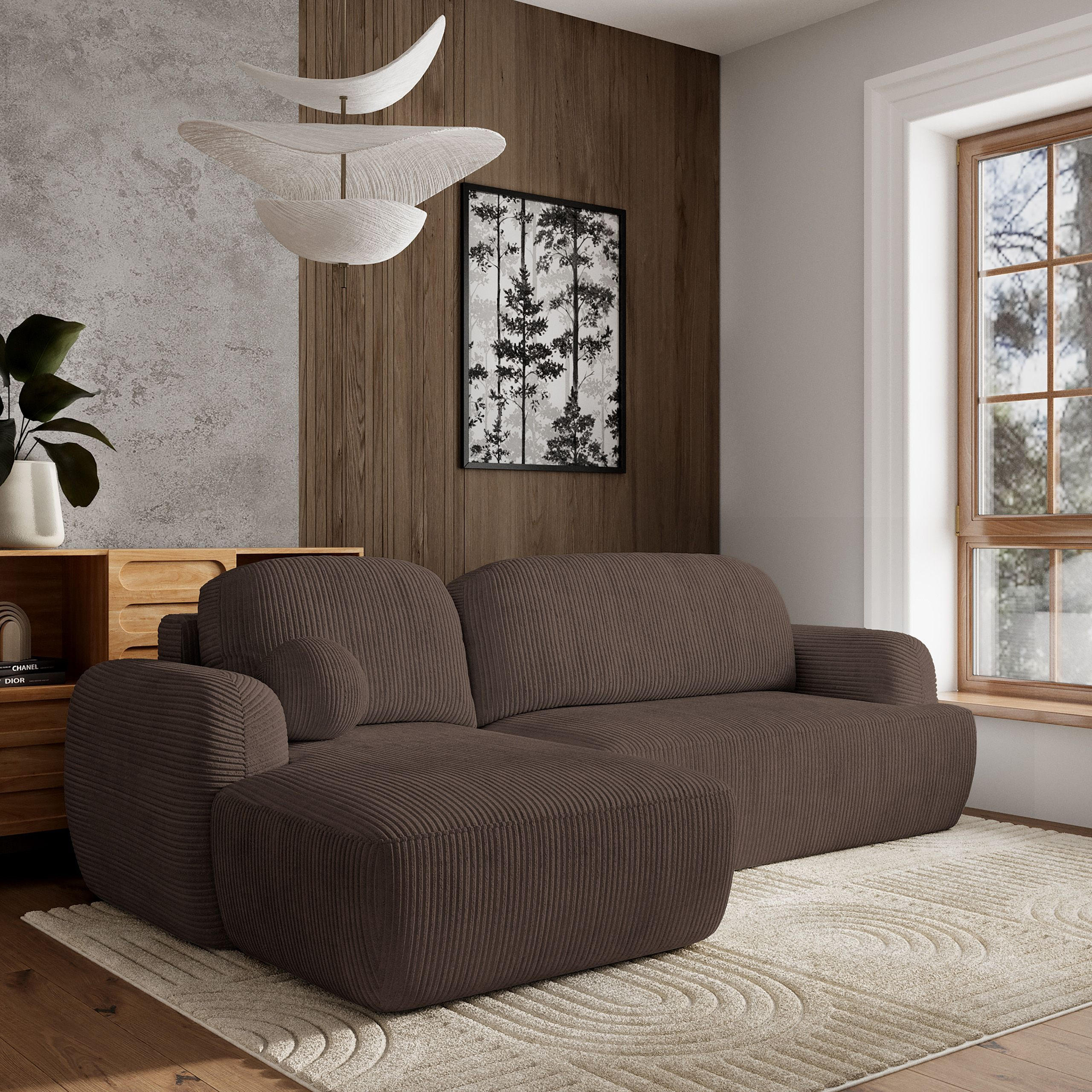 ECKSOFA MODENZA P L-S Braun Kordstoff mit Schlaffunktion - Braun, Holz (266/148cm) - MASSENO