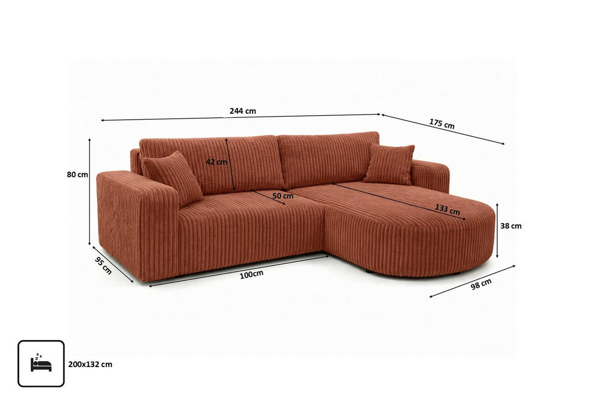 ECKSOFA Mit Schlaffunktion, Cordstoff Tilia, Kupfer, Rechts, ROUND ONE - Orange, Holz (244/175cm) - Kaiser Möbel