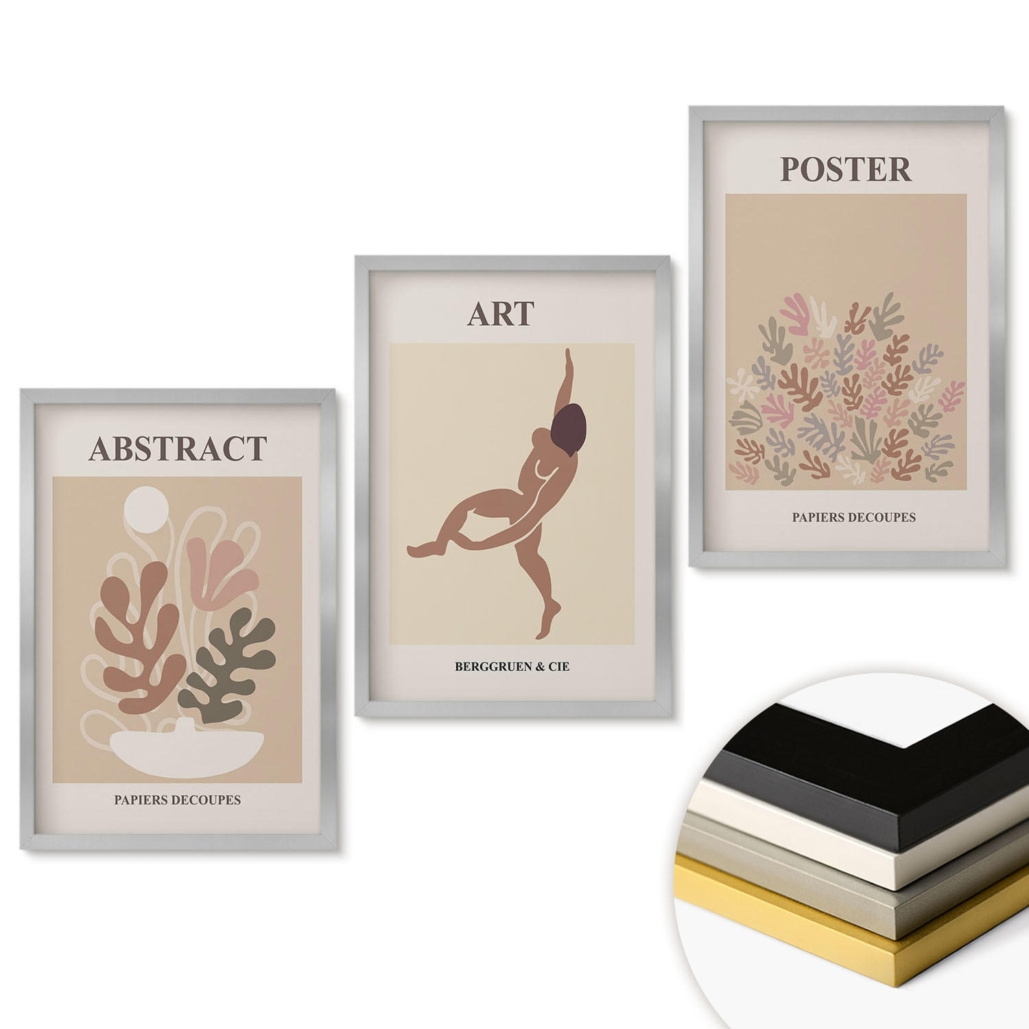 WANDBILDER 3er Set - 40x60 cm Silberner Rahmen - Matisses stilvolle Kompositionen - Silberfarben, Kunststoff (40/60cm) - ArtPrintCave