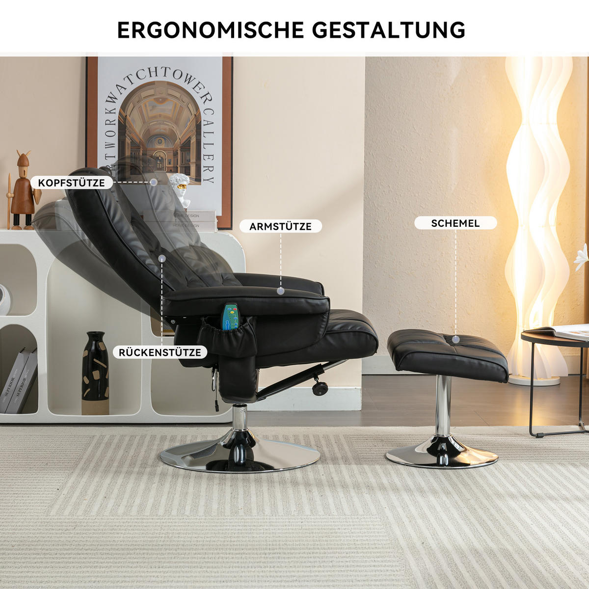 MASSAGESESSEL PU-Leder mit Heizfunktion und 5-Punkt-Massage 79/79/106 cm Schwarz - Schwarz, Kunststoff (79/106/79cm) - Redom