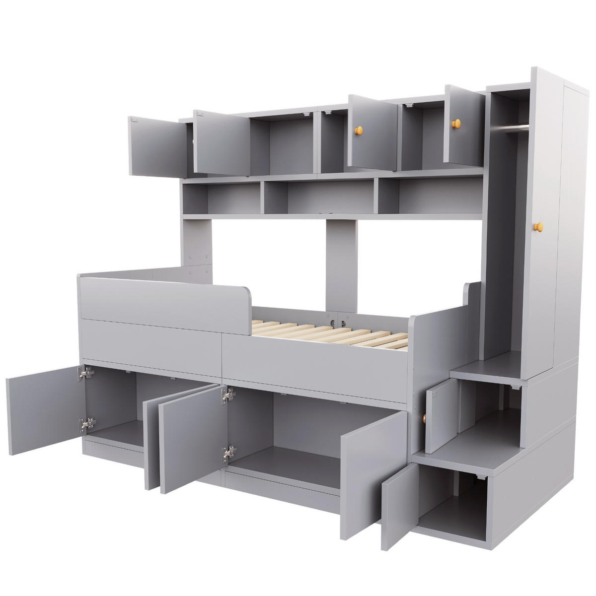 KINDERBETT Holz 90x200 cm Grau mit Stauraum, Leiter, Kleiderschrank und LED-Beleuchtung - Grau, Holz (90/200cm) - Modfu