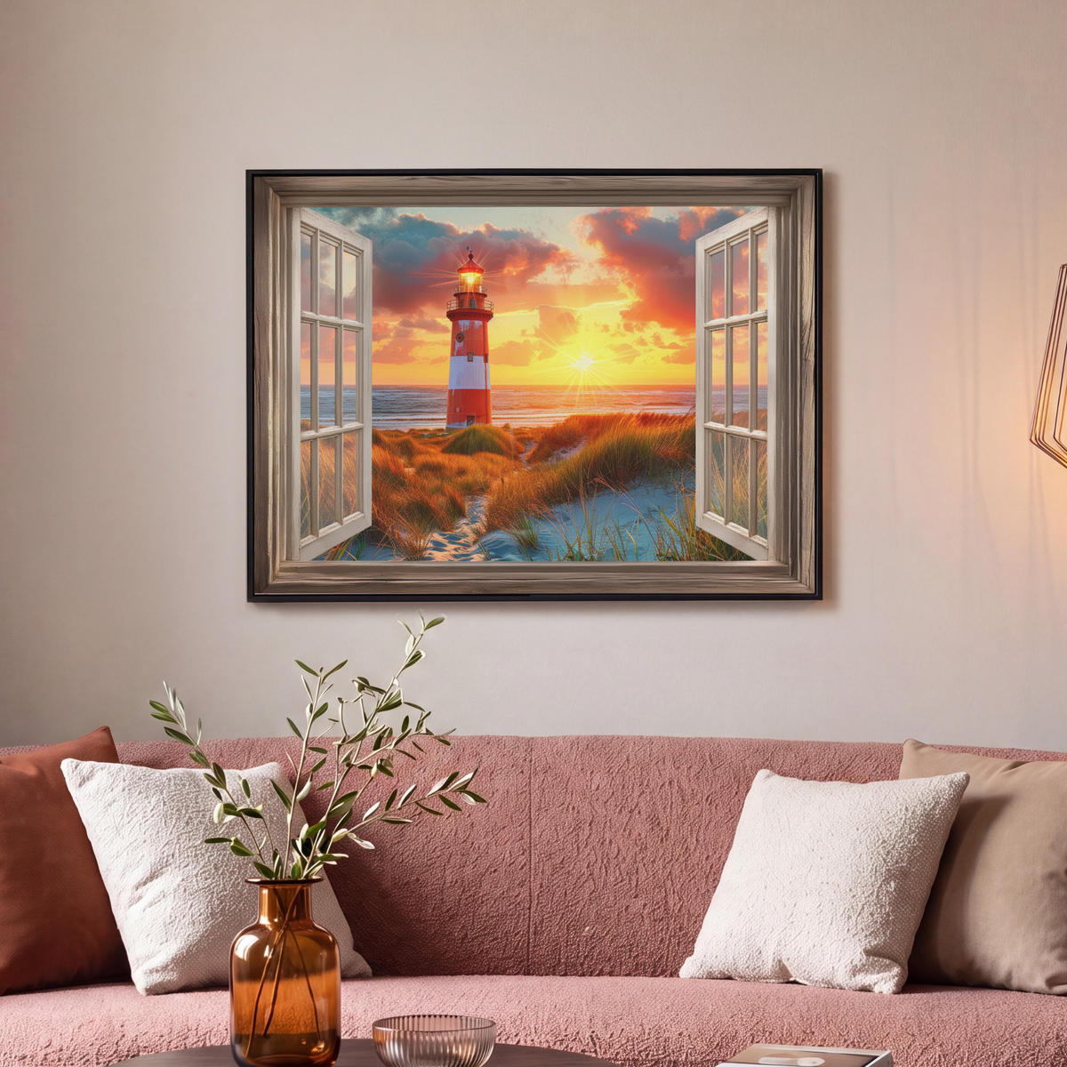 LEINWAND Bilder mit Rahmen - Aussicht - Fenster - Leuchtturm - Sonnenuntergang - Strand - 70x50 - Dunkelorange, Textil (70/50cm) - MuchoWow