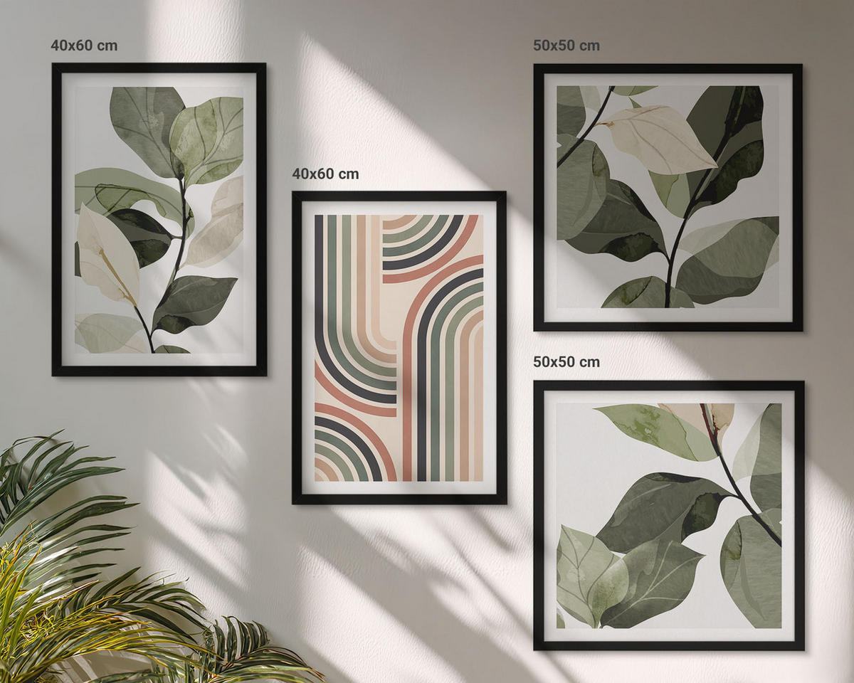 WANDBILDER 4er-Set - 50x50 cm & 40x60 cm Schwarzer Rahmen - Geometrische Pflanzenmotive - Schwarz, Kunststoff (50/50cm) - ArtPrintCave
