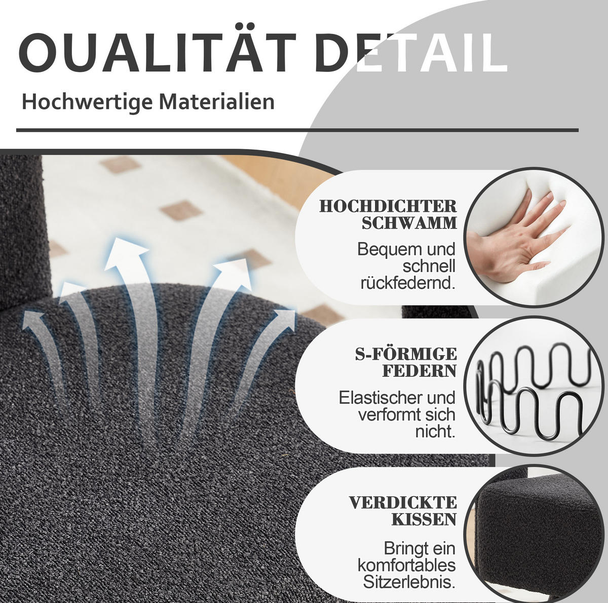 OTOČNÉ kreslo 55/67/74 cm tmavosivé z bouclé s 360° otáčaním a čalúnenými podrúčkami - tmavosivá, textil (55/74/67cm) - OKWISH