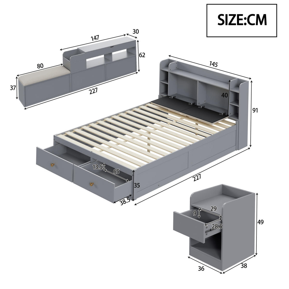 BETT aus 140x200 cm Grau mit gepolstertem Kopfteil, Schubladen, Nachttisch, Sofabank und Stauraum - Grau, Holzwerkstoff (140/200cm) - Modfu