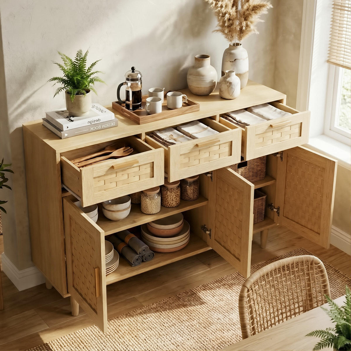 SIDEBOARD Japandi mit 3 Türen & 3 Schubladen 108/40/80 cm Eiche-Dekor - Eichefarben, Holzwerkstoff (107.9/80/40cm) - Creahappy