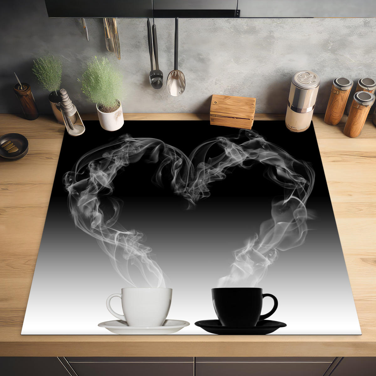 HERDABDECKPLATTE Kaffee - Herz - Schwarz und weiß - Tassen 78x78 cm - Weiß, Kunststoff (78/0.2/78cm) - MuchoWow