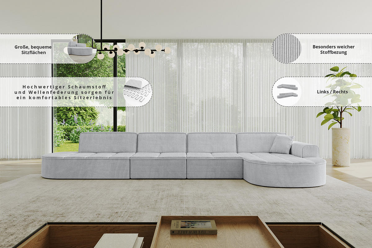 ECKSOFA Ottomane Rechts TARO-L3 - 413x171x79,5 cm Weiß - Weiß, Holzwerkstoff/Textil (413/171cm) - ALTDECOR