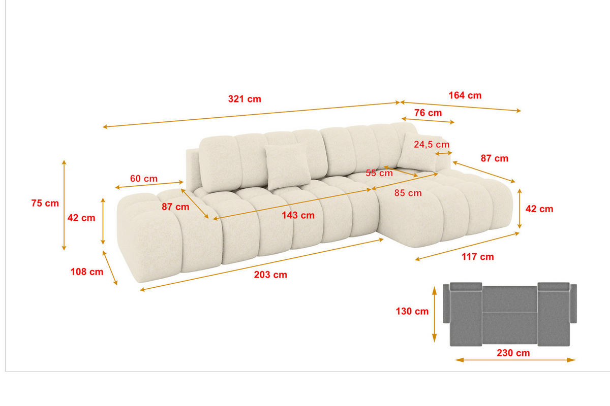 ECKSOFA mit Schlaffunktion Ottomane RECHTS OLEA-L2 321x164x75 Creme Tissu - Creme/Schwarz, Holzwerkstoff/Kunststoff (164/321cm) - ALTDECOR