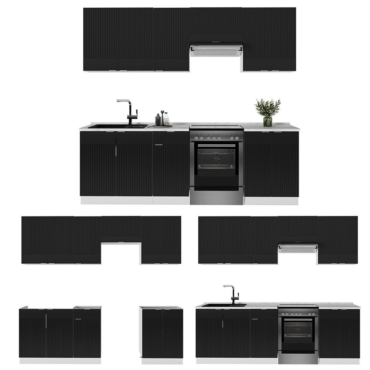 KÜCHENZEILE Fame-Line, Schwarz gestreift/Weiß, 240 cm, AP Eiche - Schwarz/Weiß, Holzwerkstoff (240/81.6/60cm) - Vicco