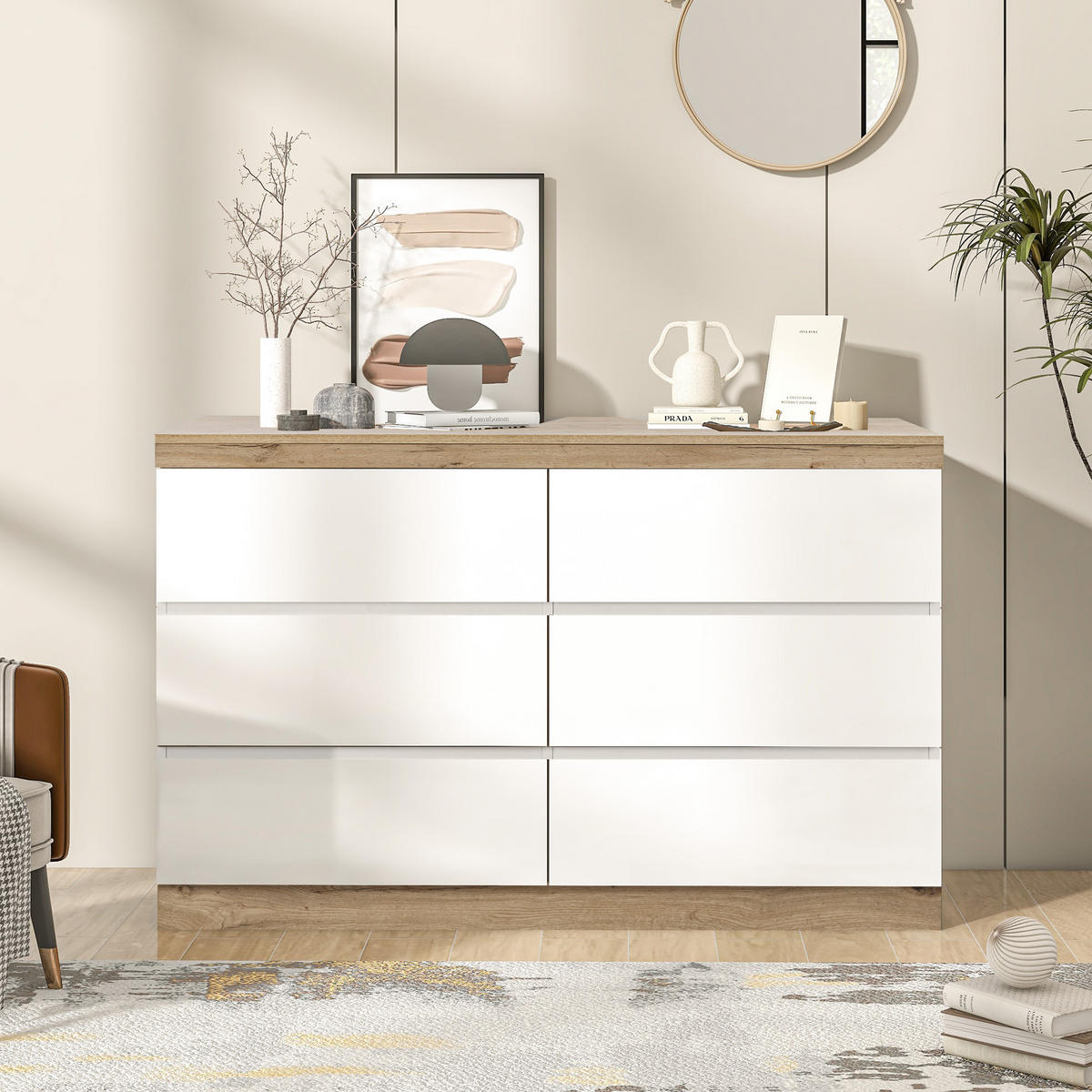 SIDEBOARD in Weiß und Eiche Kommode mit 6 Schubladen und Schließfach für Schlafzimmer und Wohnzimmer, B110/T40/H67.5cm - Eichefarben/Weiß, Holzwerkstoff/Metall (110/67.5/40cm) - STILVORA