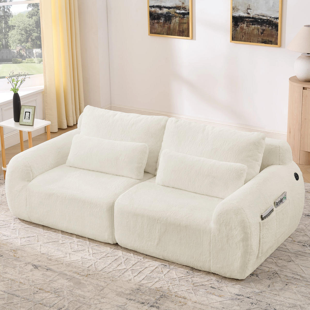 2MÍSTNÁ POHOVKA v béžové barvě z umělé kožešiny s USB portem a boční kapsou - béžová, textil (101/81/208cm) - Urban Meuble