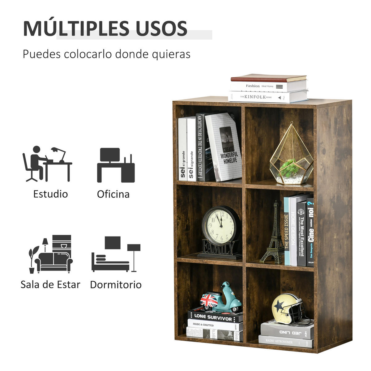 BÜCHERREGAL,DREISTÖCKIG 6 Fächer 65,5x30x97,5cm,rustikales braun - Braun, Holzwerkstoff (65.5/97.5/30cm) - Vallsero