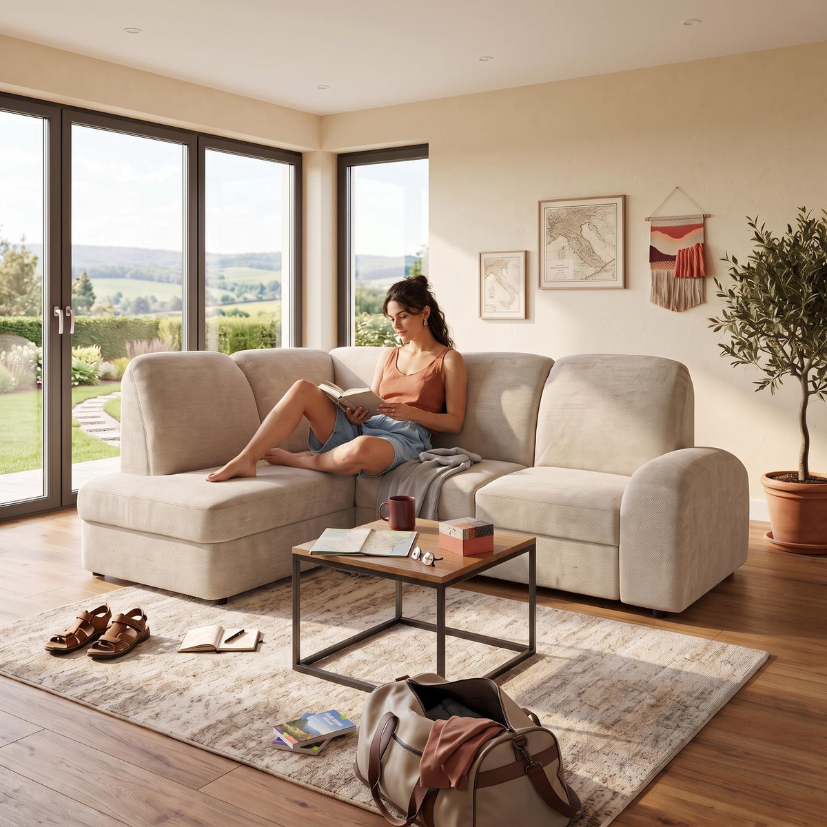 ECKSOFA VIBE L Links mit Schlaffunktion 129x205 Chenille Beige - Beige/Schwarz, Holz/Kunststoff (186/250cm) - Muffo
