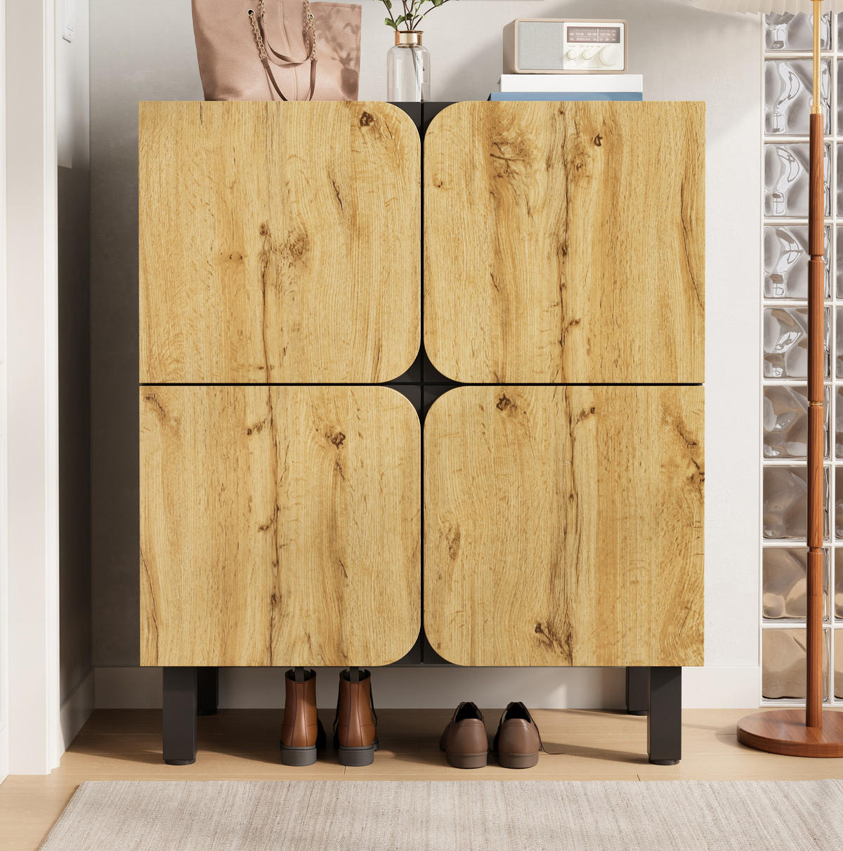 SCHUHSCHRANK mit 4 Türen 80 x 38,5 x 95 cm MDF Black/Natural - Braun, Holz (38.5/95/80cm) - Beauniv