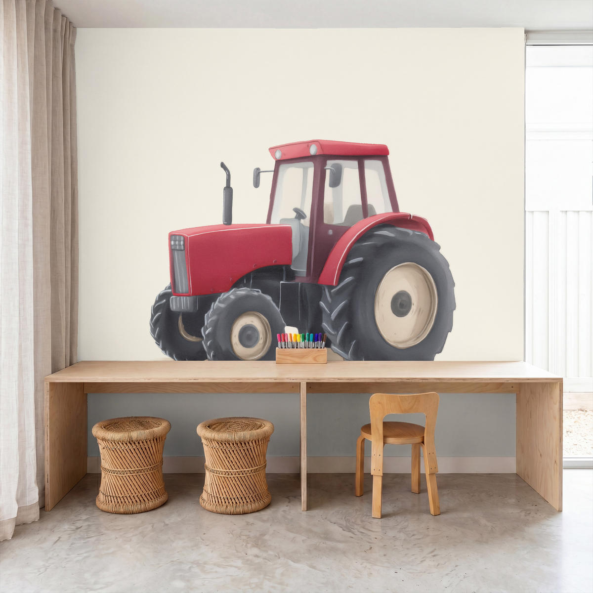 KINDERTAPETE - Traktor - Minimalistisch - Illustration - Rot - 240x240 cm - Rot, Papier (240/240cm) - OnlyWow