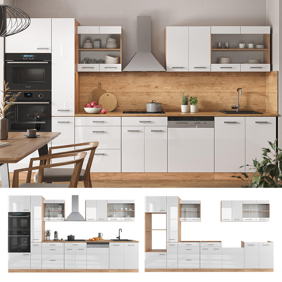 KÜCHENZEILE R-Line Weiß Hochglanz/Goldkraft Eiche 350 cm mit Hochschrank ohne AP - Weiß Hochglanz/Eiche Wotan, Holzwerkstoff (350/81.6/46cm) - Vicco