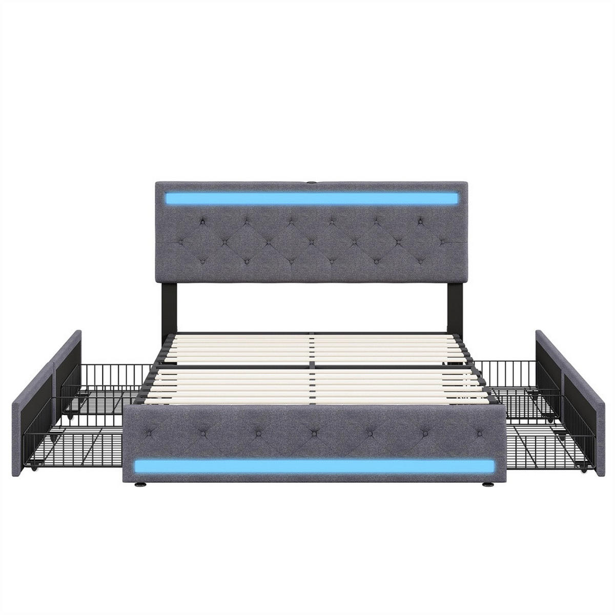 POLSTERBETT 140x190 cm mit RGB-LED-Beleuchtung, USB-Ladestation und 4 Schubladen, Dunkelgrau - Grau, Textil (140/190cm) - DELFA