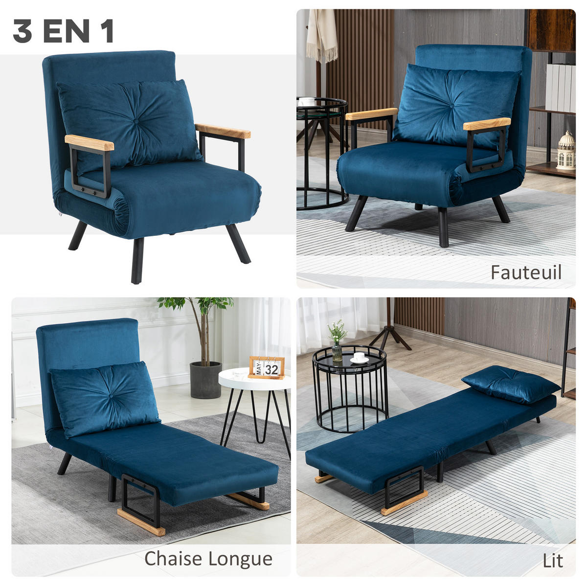SCHLAFSESSEL 3-in-1 DE-14561 5-fach verstellbar, mit Holzarmlehnen Blau - Blau, Textil (73/81/63cm) - ComfortXL