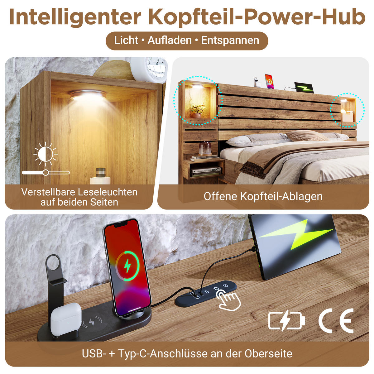 BETT 160/200 cm in Eiche mit 3 Schubladen, LED und USB Type-C - Eichefarben, Holzwerkstoff/Metall (160/200cm) - STILVORA