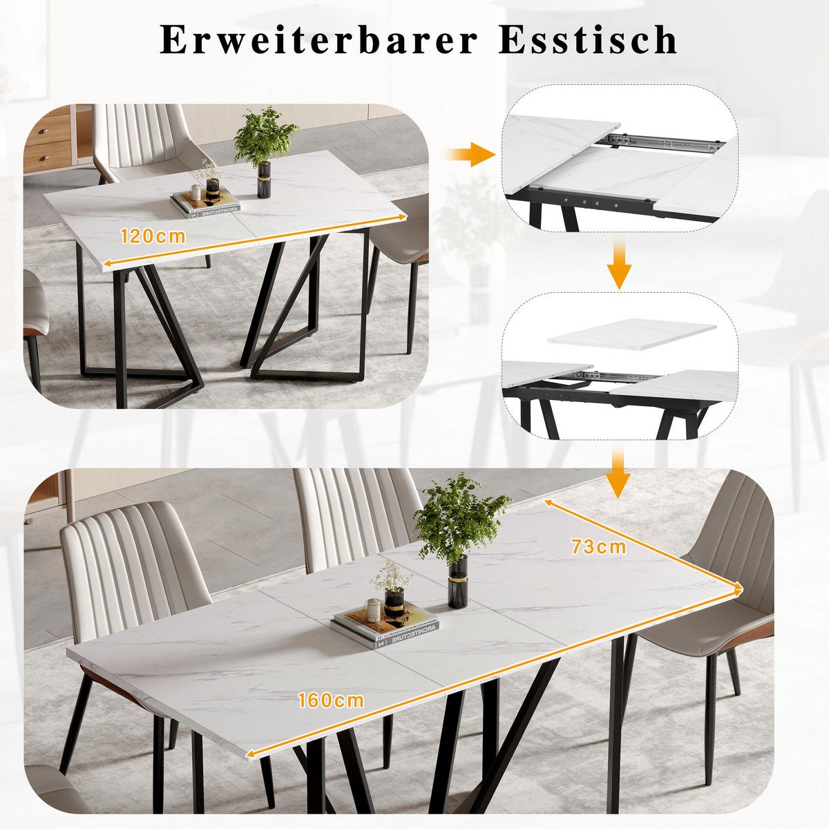 ESSTISCH SET Marmoroptik Weiß mit 4 Stühlen Wildlederoptik Braun - Braun, Holzwerkstoff (160/74/73cm) - Urban Meuble