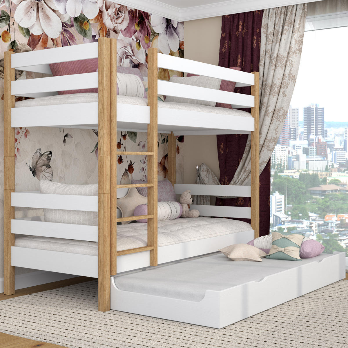 ETAGENBETT N01 mit Matratzenschublade Weiß / Eiche Natur 80/200 - Eiche Artisan/Weiß, Naturmaterialien/Holz (80/200cm) - N-Wood