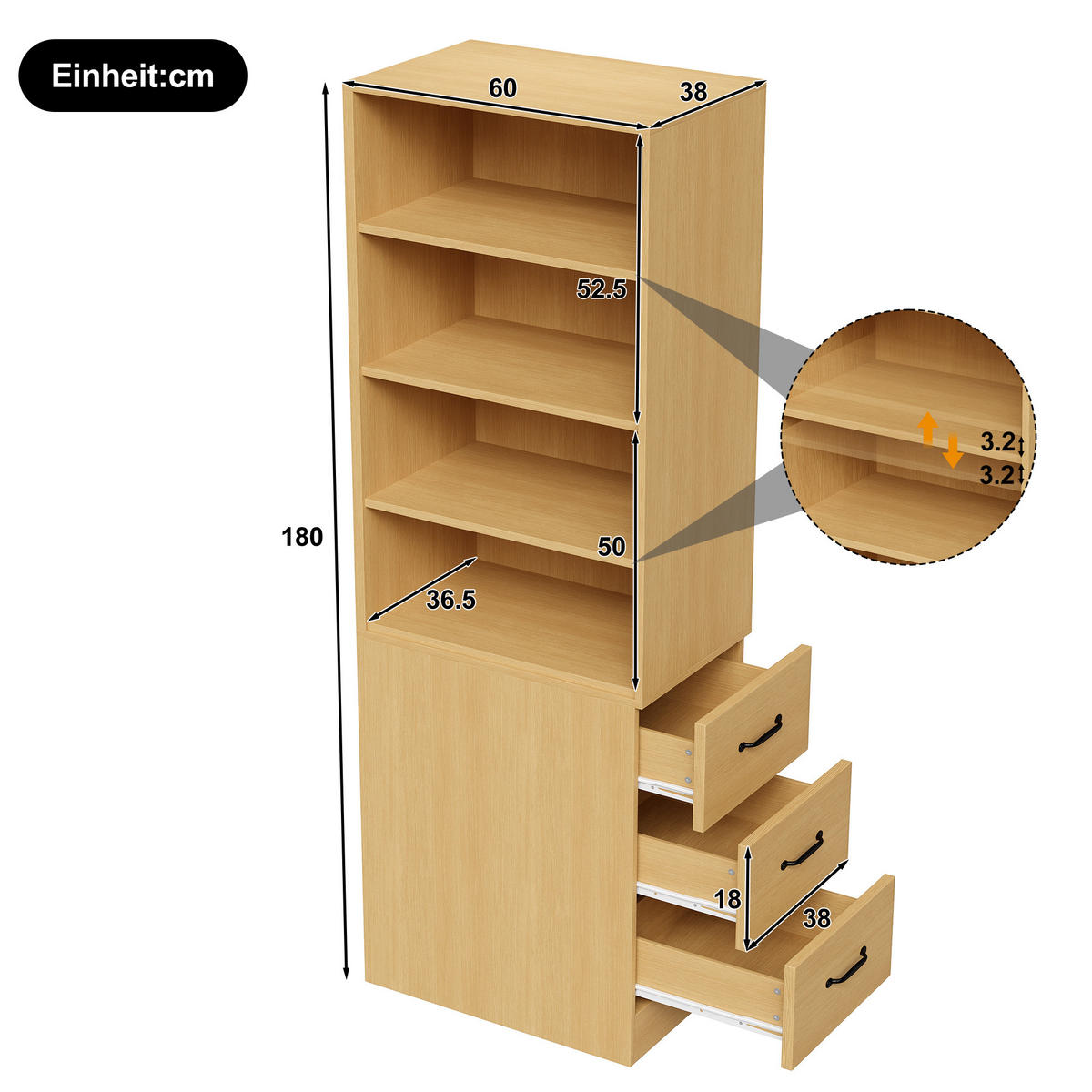 BÜCHERREGAL in Eichenfarbe Eckregal mit Schubladen für kleine Räume und Wohnzimmer, B60/T38/H180 cm - Eichefarben, Holzwerkstoff (60/180/36.5cm) - STILVORA