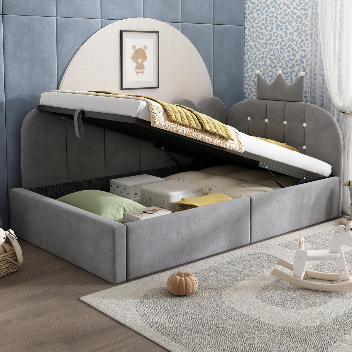 POLSTERBETT aus Samt 90x200 cm Grau mit hydraulischem Stauraum und Kronen-Gitter-Design - Grau, Holzwerkstoff (90/200cm) - Modfu