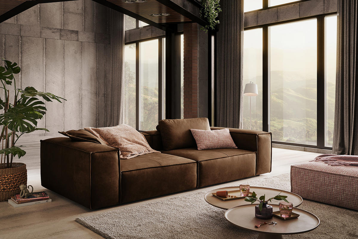 SOFA CARMO Braun Leder - Dunkelbraun/Schwarz, Leder/Kunststoff (266/68/118cm) - KAWOLA