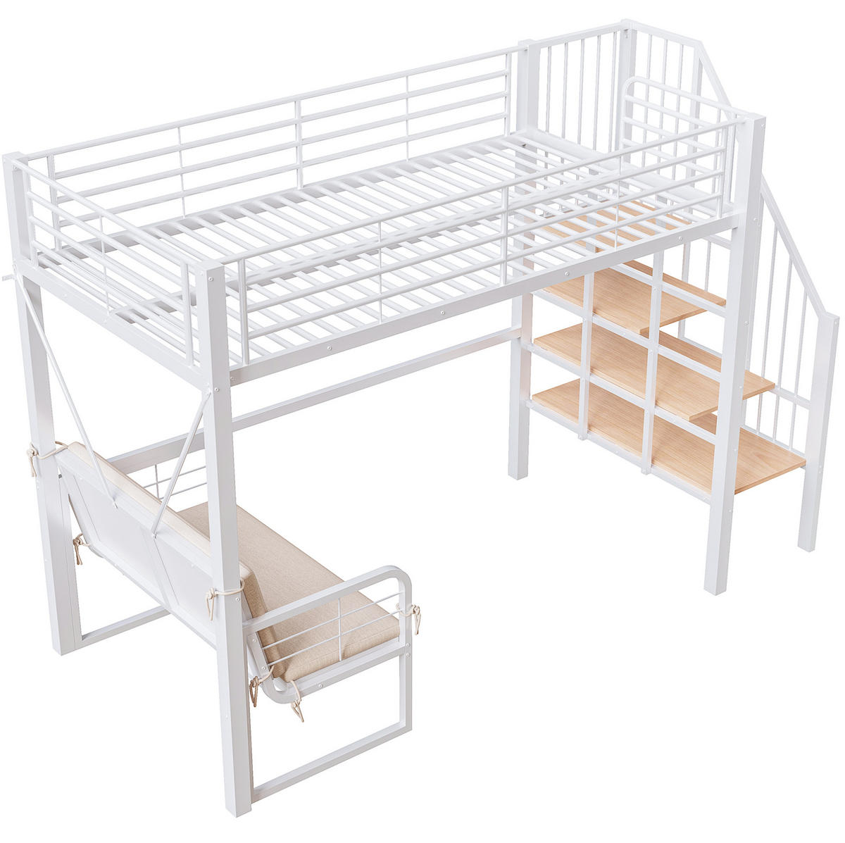 ETAGENBETT 90/200 cm, Weiß mit Stauraumleiter und Polstersofa - Weiß, Metall (90/200cm) - MIVRAY