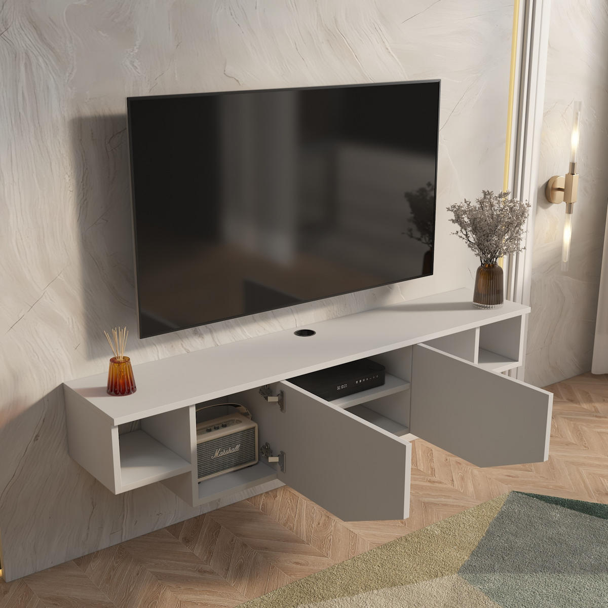 HÄNGENDE TV Einheit Hera Glänzend Weiß - Weiß, Holzwerkstoff (30/12.5/150cm) - Decorotika