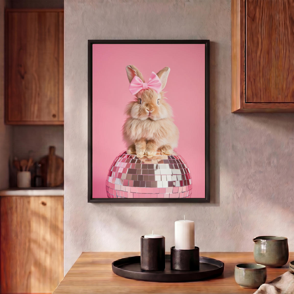 LEINWAND Bilder mit Rahmen - Schleife - Discoball - Kaninchen - 30x40 - Pink, Textil (30/40cm) - MuchoWow